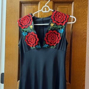 Black Dress with Red Floral Embroidery